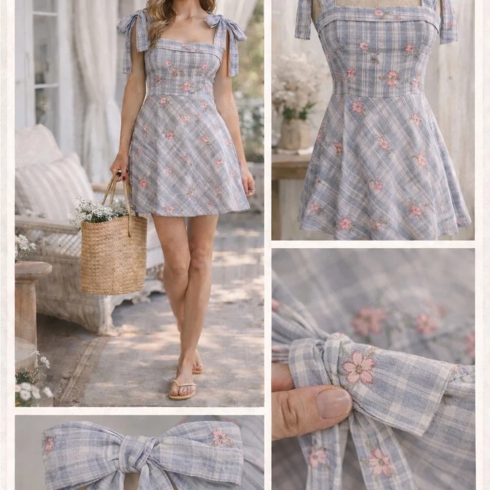 Francesca’s Cottagecore Floral Plaid Puff Sleeve Dress M Coastal Romantic - Picture 2 of 3